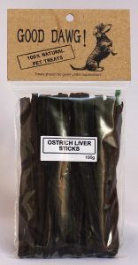 Sealed packet of GoodDawg Ostrich Liver Sticks for Dogs - 100g & 250g packs