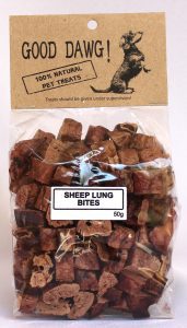 Sealed packet of GoodDawg Sheep Lung Bites for Dogs - Low-Calorie Treats