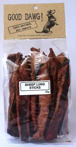 Sealed packet of GoodDawg Sheep Lung Sticks for Dogs - Long, Low-Calorie Chew