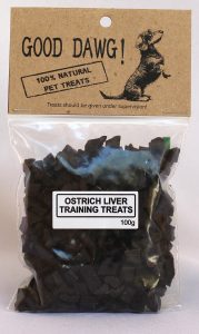 Sealed packet of GoodDawg Ostrich Liver Training Treats for Dogs, 100g