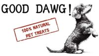 GoodDawg (often searched as Good Dog) logo featuring a black and white drawing of Blizzard the dog with a 100% natural treats stamp.