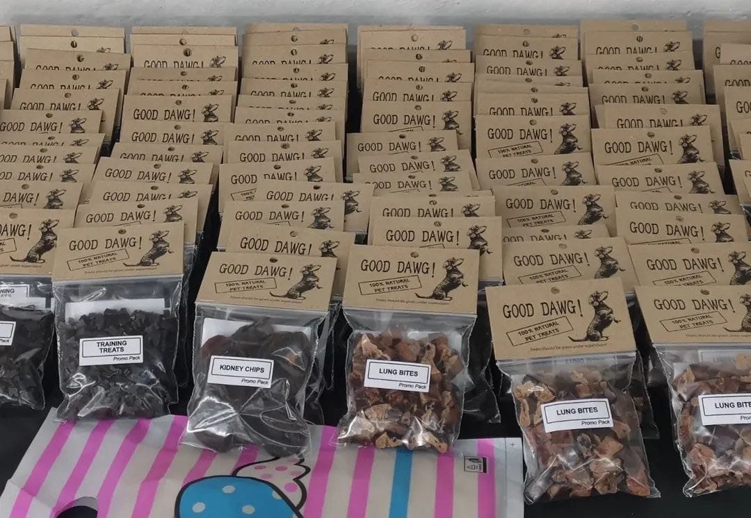 Premium single-ingredient dog treats from GoodDawg Cape Town, ready for delivery to a KUSA dog show.